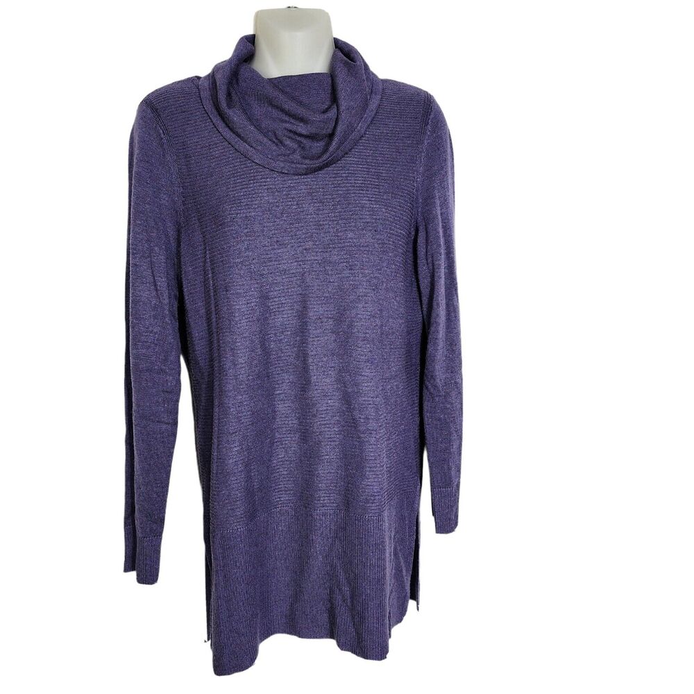 Adrienne Vittadini Womens Tunic Sweater Medium Purple Cowl Neck Naxikn Ribbed